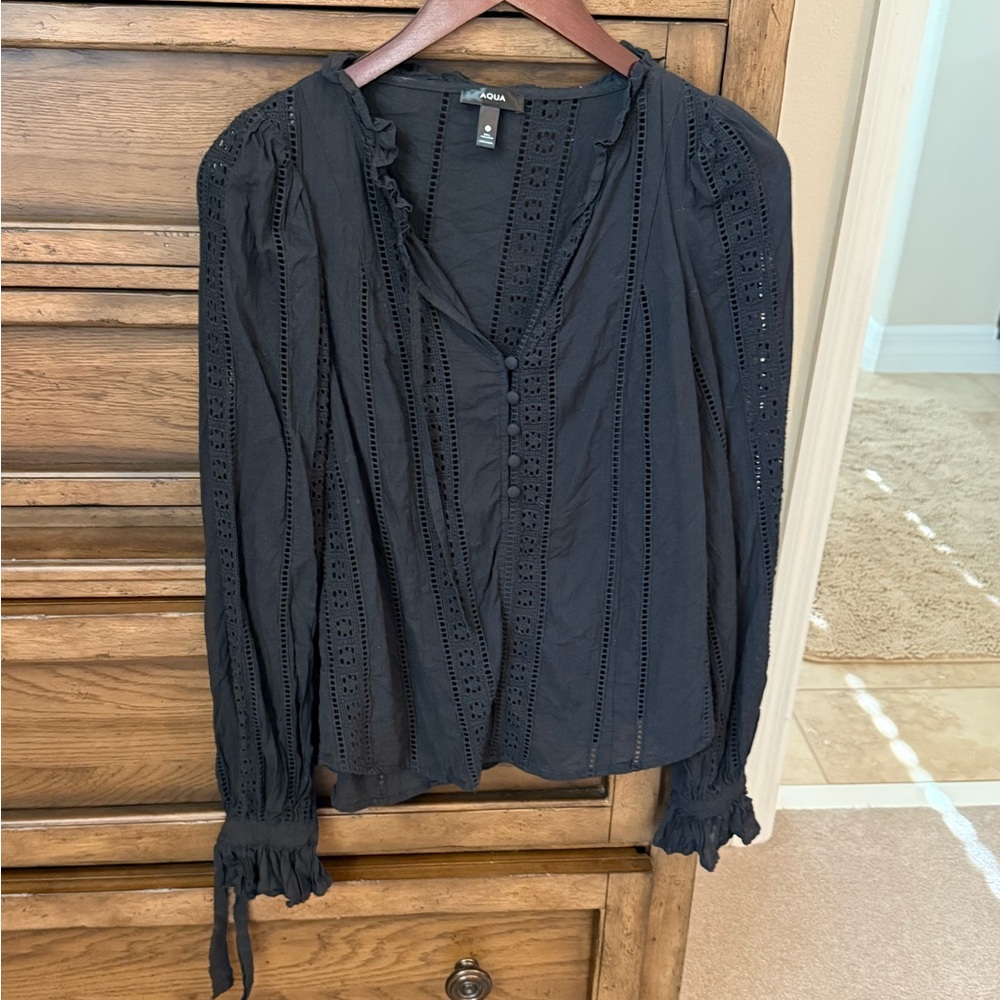 Aqua Black Eyelet Long-Sleeve Button Front Blouse